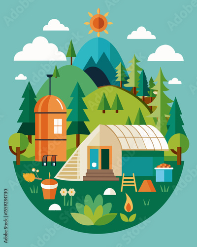 A glamping site uses ecofriendly building materials and composting s making sure to leave the surrounding landscape undisturbed.. Vector illustration