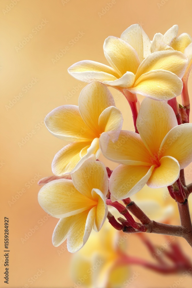 Fototapeta premium Cluster of yellow and white plumeria blossoms on a reddish branch against a soft golden background