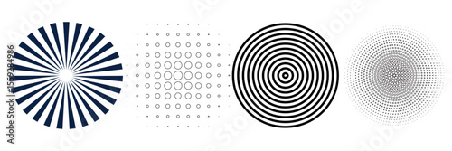 Black concentric circle set. Sonar or sound wave ring collection. Dotted and linear epicente, target, radar icon concept. Ripple radial signal or vibration elements. Vector line and halftone symbols. 