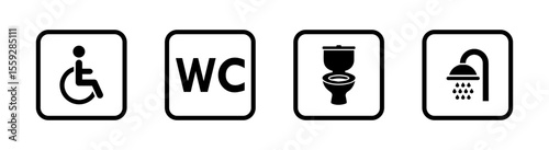 Washroom signs. Restroom or toilet door sign set containing gents, ladies, disabled, baby changing. Printable sticker. Transparent vector illustration.