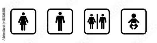 Washroom signs. Restroom or toilet door sign set containing gents, ladies, disabled, baby changing. Printable sticker. Transparent vector illustration.