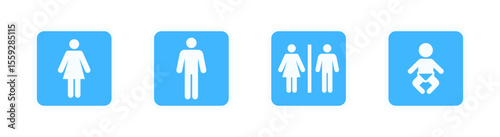 Washroom signs. Restroom or toilet door sign set containing gents, ladies, disabled, baby changing. Printable sticker. Transparent vector illustration.