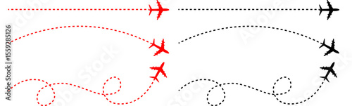 Airplane with dotted line route. flying plane with twisted, curved and straight dashed trace path. transparent png and vector illustration.