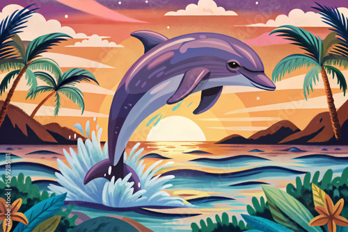 playful dolphin jumping in and out of the water surface vector cartoon, capturing motion, energy, and joy in a bright ocean scene