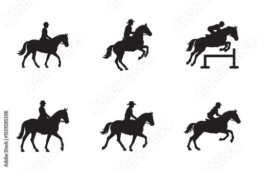 Equestrian sport silhouette set. Horse and rider icons for jumping and western riding