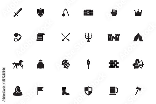 Medieval and fantasy glyph icon set. Middle Ages weapon, armor, and castle symbols for RPG games