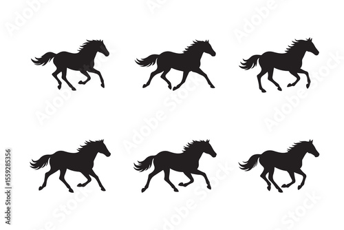 Running horse silhouette set. Vector graphic of galloping stallions
