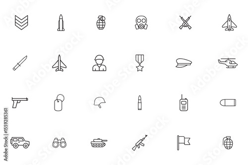 Military and army thin line icon set. Symbols of war, weapons, and soldier equipment