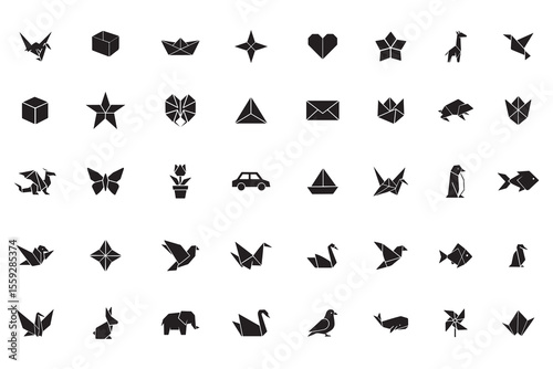 Origami glyph icon set. Paper craft animals, shapes, and object silhouettes