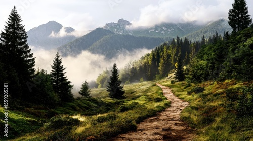 Wallpaper Mural Foggy mountain trail enveloped by towering pines, serene atmosphere, nature's tranquility, inviting exploration and reflection Torontodigital.ca