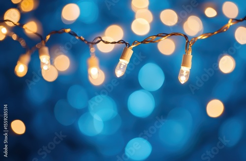 A string of lights hanging in the air, creating an enchanting bokeh effect against a blue background