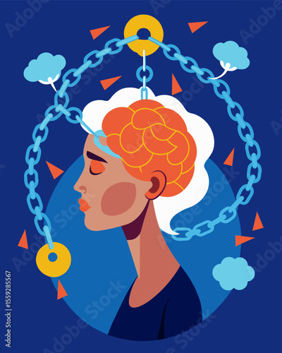The mind is ped in a neverending cycle each link of the chains securing its confinement.. Vector illustration