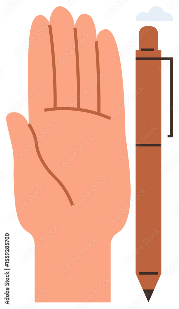 Obraz premium Open hand held upright beside a brown pen with clip in vertical orientation under a small cloud. Ideal for learning, creativity, productivity, communication, brainstorming, manual work, simple
