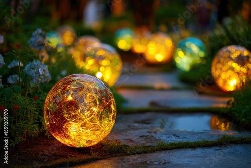 Illuminated glass spheres light a garden path glowing warmly