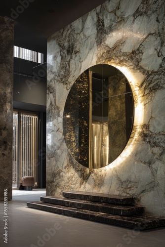 Interior view of a luxurious space featuring a large circular lit mirror mounted on a marble wall