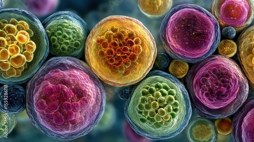 Abstract medical visualization of cancerous cells multiplying and spreading with a complex network in a magnified view, suitable for educational purposes