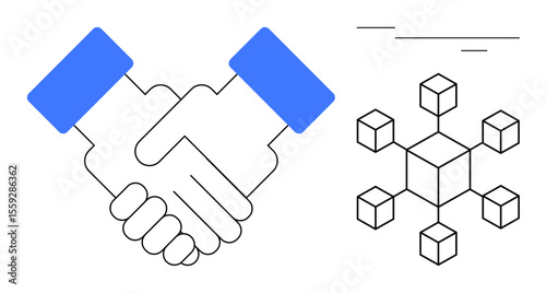 Handshake symbolizing trust alongside blockchain nodes representing decentralized solutions. Ideal for business, partnership, cooperation, trust, innovation, technology, blockchain. A clean simple