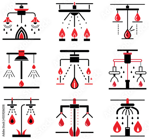 Red and black vector irrigation system icons set