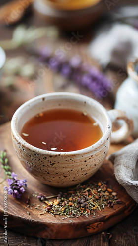 Herbal Tea in Speckled Mug on Wood
