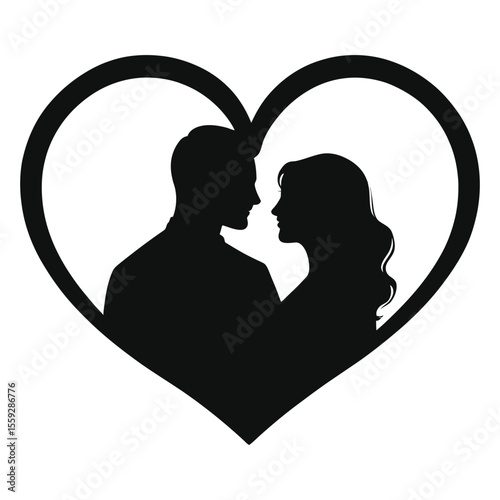 Silhouette of a loving couple within a heart shape. A simple, elegant silhouette of a man and a woman facing each other, positioned within a heart shape.