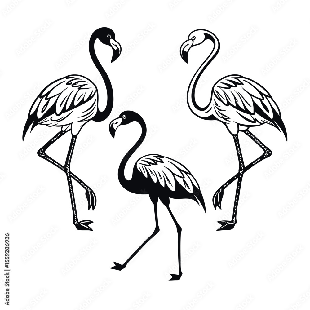 Obraz premium Elegant Flamingo Illustration A Trio of Graceful Birds, Perfect for Tropical Designs and Exotic Decor