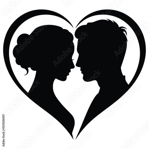 Silhouette of a loving couple within a heart shape. A simple, elegant silhouette of a man and a woman facing each other, positioned within a heart shape.