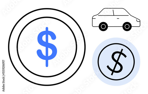 Blue dollar signs inside circles and a car outline suggesting money matters thumbs up automobile expenses, budgeting, and insurance. Ideal for finance, transportation, investment, loans, savings, car