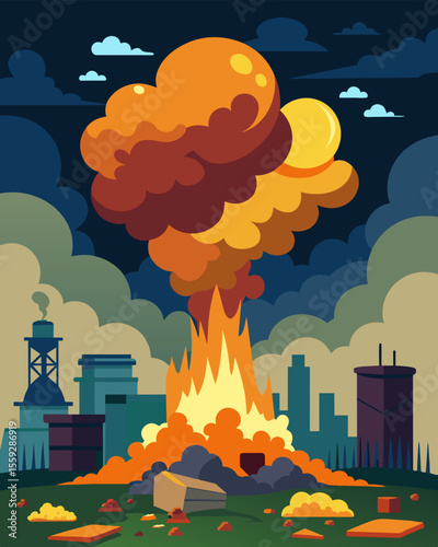 A chemical fire rages out of control at a waste disposal site sending thick acrid smoke billowing into the sky.. Vector illustration