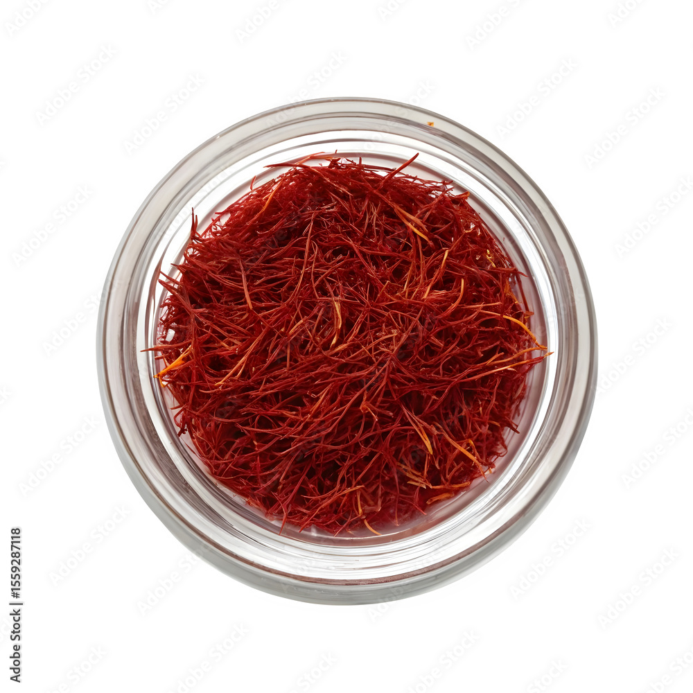 Naklejka premium Top view of dried red saffron threads in a clear glass jar isolated on transparent background