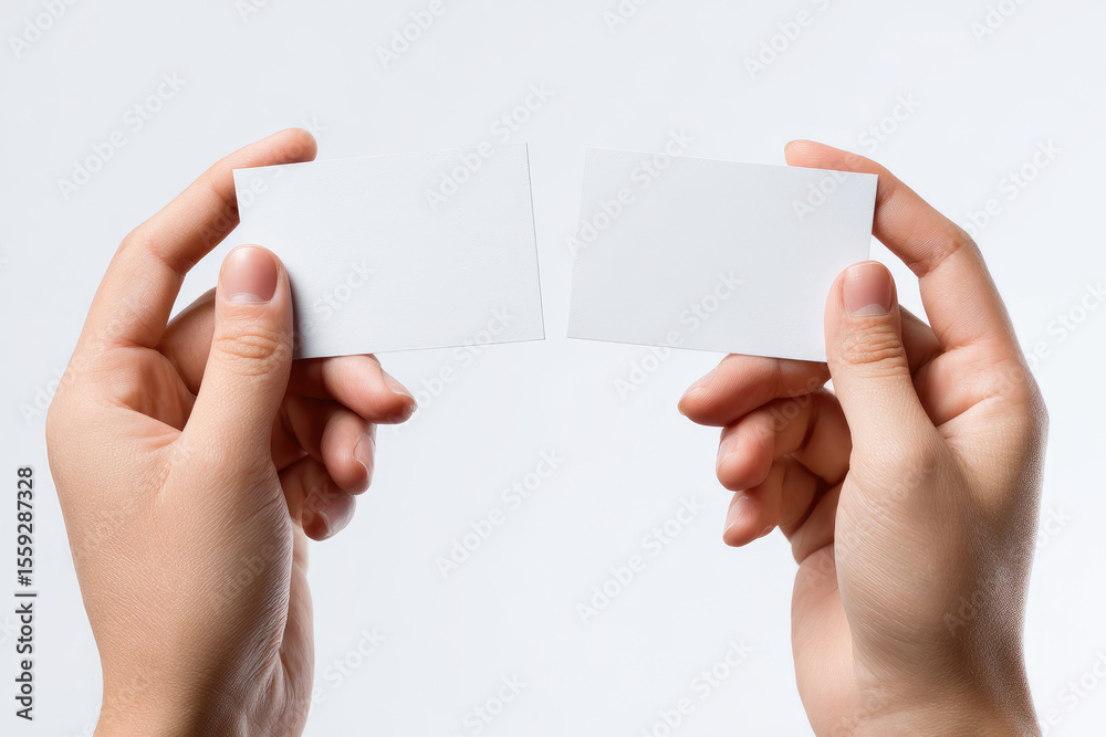 Obraz premium Two hands hold up blank rectangular white cards against a white background