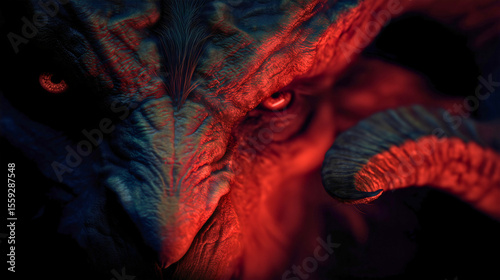 A terrifying close-up captures the glowing red eye of a monstrous demon, its detailed scales and menacing horn revealing an intense, otherworldly evil.