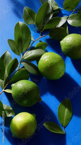Fresh Green Limes and Vibrant Leaves Arranged on a Textured Blue Surface