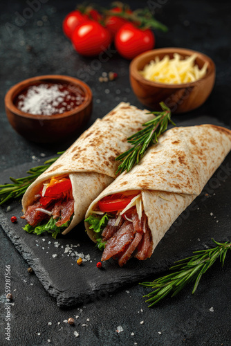 Two wraps filled with meat and vegetables placed on a stone surface with bowls of sauce and cheese and tomatoes in the background