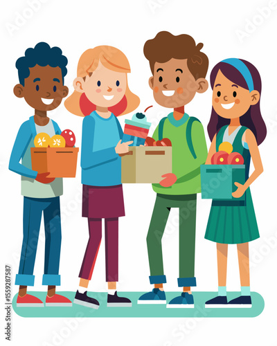 A group of students collecting nonperishable food items from their classmates and organizing a food drive to support local pantries.. Vector illustration