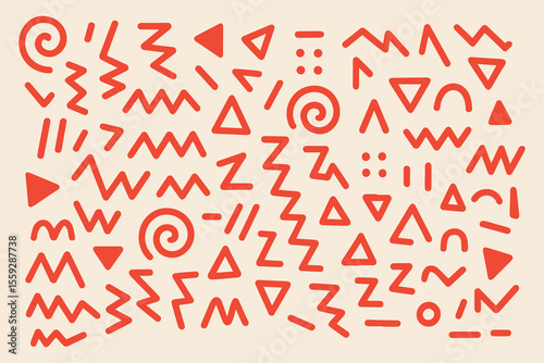 Abstract retro 80s hand drawn shapes pattern. Memphis style doodle background with zigzag and squiggle elements