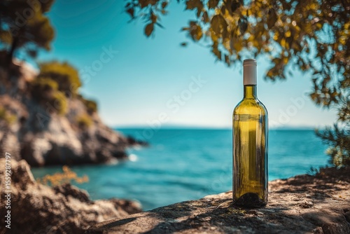 Wine bottle stands on a stone ledge with ocean backdrop
