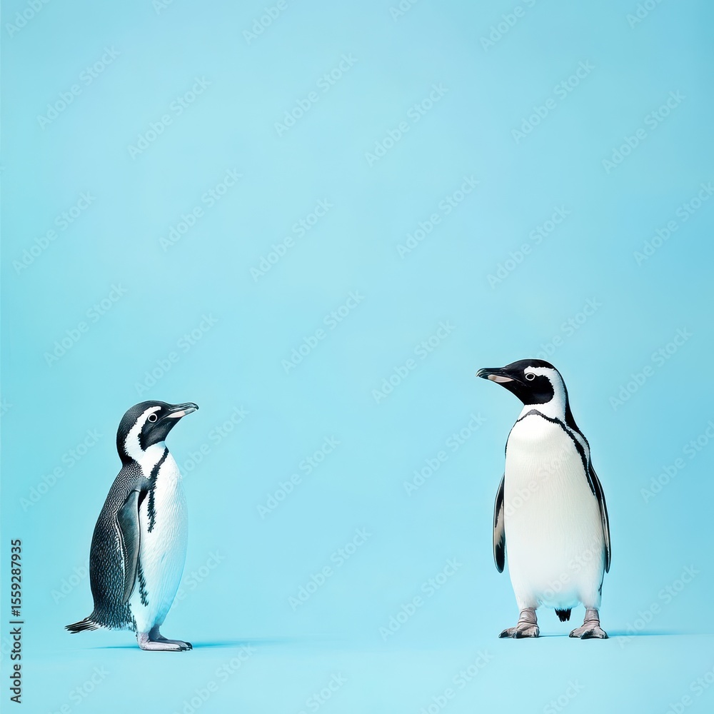 Fototapeta premium Two penguins standing on a blue background