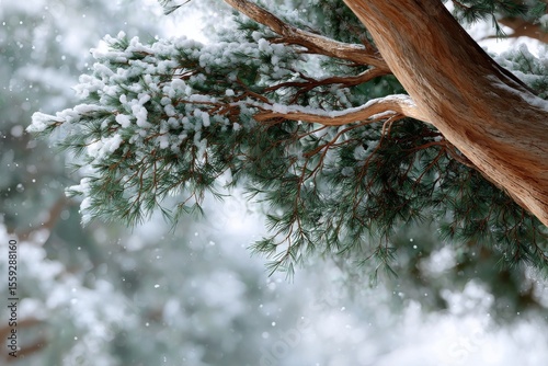 Snow-covered Branches Create a Serene Winter Landscape in a Forest During Sno...