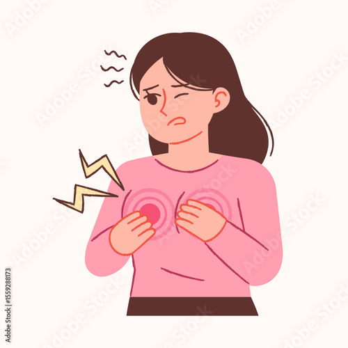 Woman complaining of breast pain. Illustration of PMS symptoms.