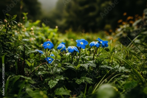 Colorful Blue Flowers Bloom in a Lush Green Landscape on a Rainy Day