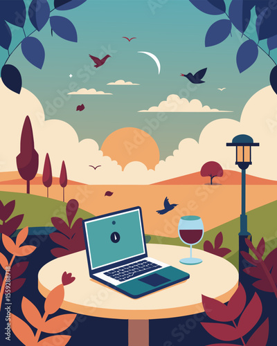 On a peaceful vineyard terrace a laptop is the only sound tapping away with the hum of birds and rustling leaves providing the background music.. Vector illustration