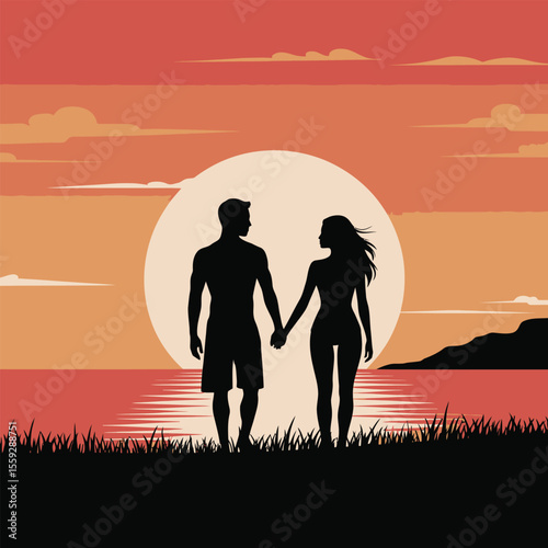 Romantic Couple Holding Hands at Sunset Beach Silhouette. A silhouette of a loving couple holding hands, standing on a beach at sunset.