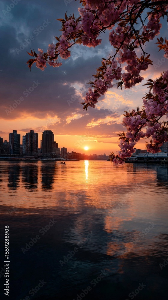 Obraz premium Urban Sunrise Over a River With Cherry Blossoms in Bloom Near Modern Skyscrapers