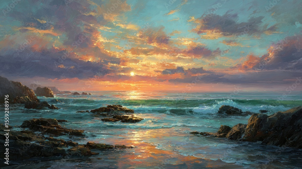 Fototapeta premium Stunning coastal sunset view of the sea and shoreline