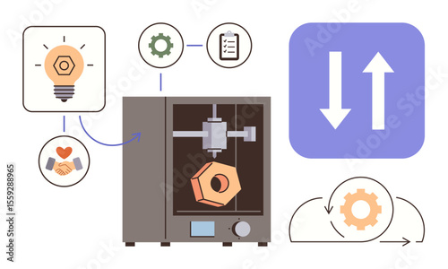 3D printer crafting object surrounded by ideas, collaboration, process optimization, technology flow, and innovation icons. Ideal for technology, engineering, manufacturing, innovation teamwork