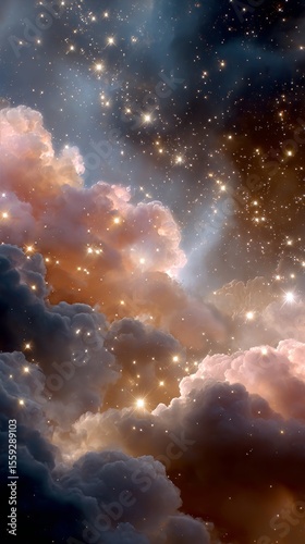 Celestial Clouds Illuminated by Stars in a Vibrant Cosmic Landscape at Night