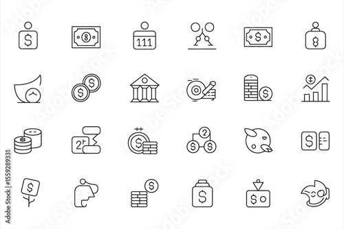 Collection of financial and business icons in a clean line art style silhouette