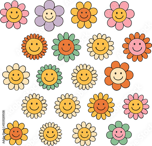 Colorful flowers with smiling faces in playful arrangement  