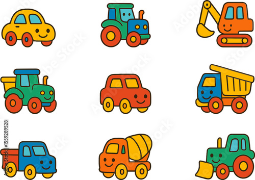 Colorful cartoon vehicles including cars, trucks, and tractors  