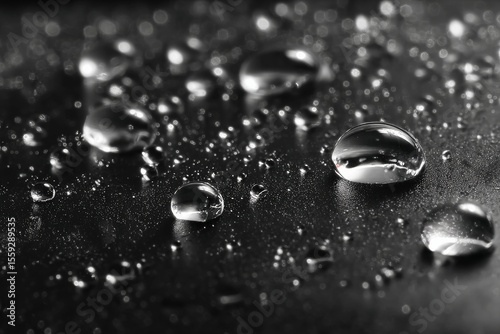 Close up of Water Droplets on Dark Surface Reflecting Light in an Artistic Ar...